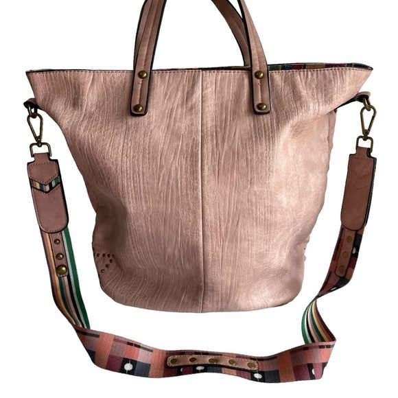 Paula Rossi Handbags - Paula Rossi Faux Leather Tote Large Pink Studded Crossbody Travel Boho Purse